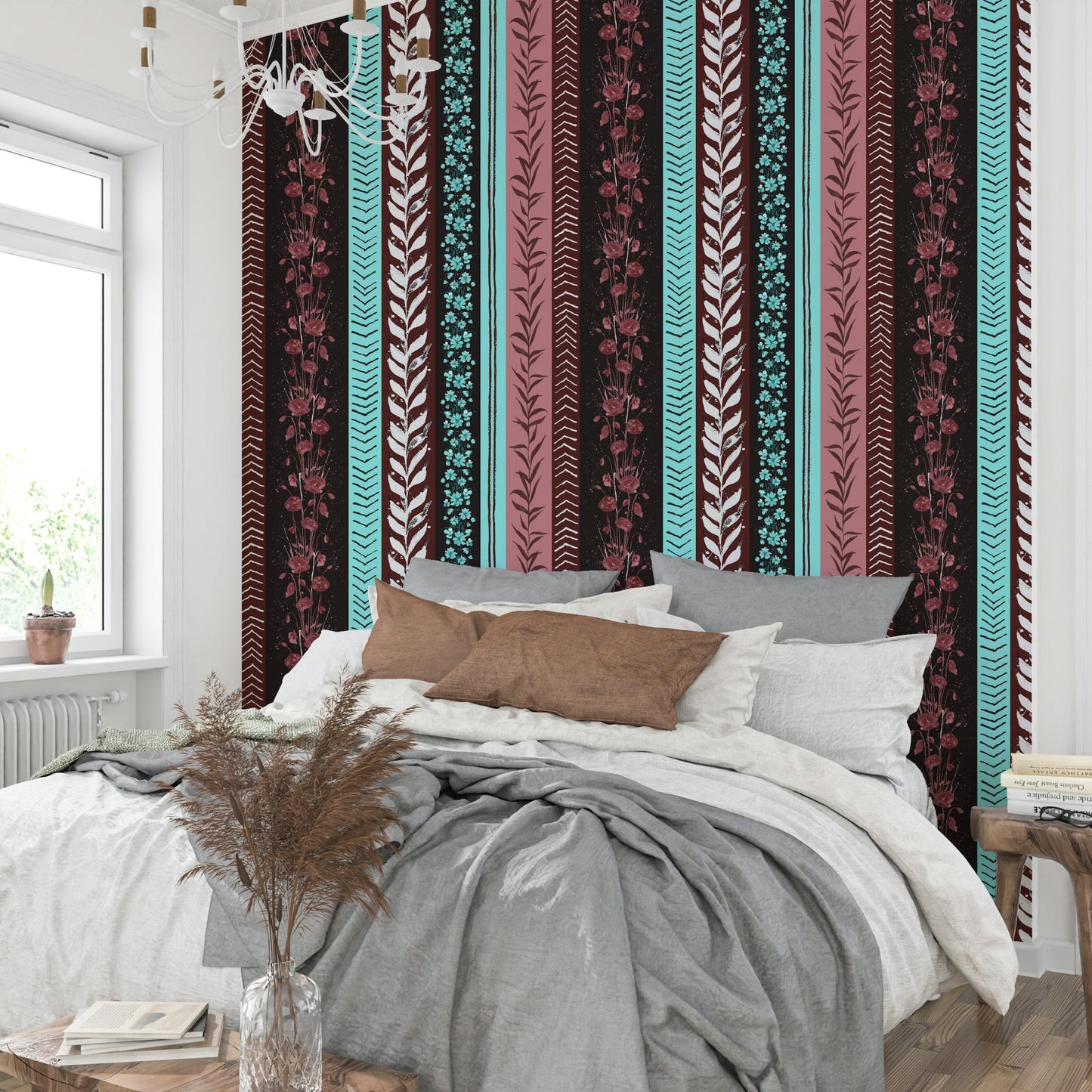 Wallpaper with various vertical stripes and different patterns.

