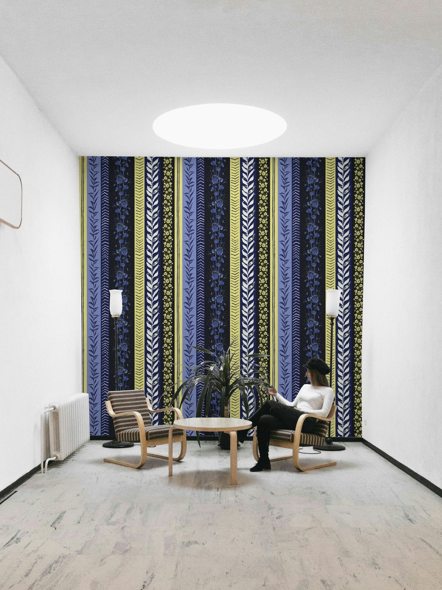 Wallpaper with a mix of natural and contemporary motifs.

