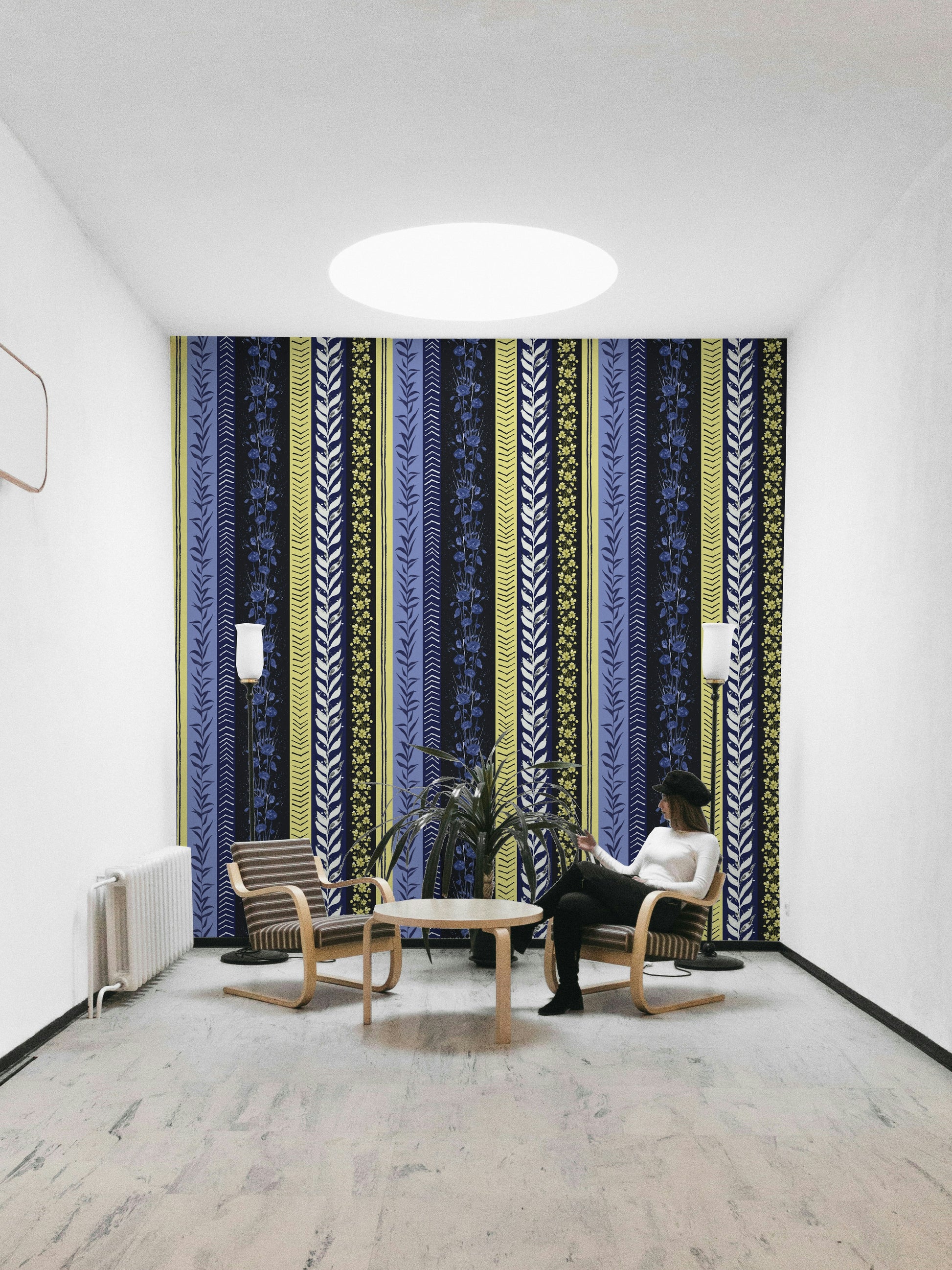 Wallpaper with a mix of natural and contemporary motifs.

