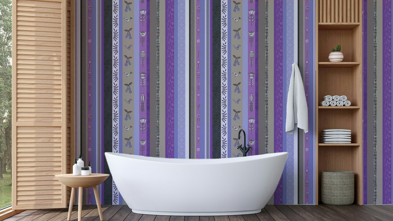 Whimsical Garden Stripes wallpaper for a living room or child's room.

