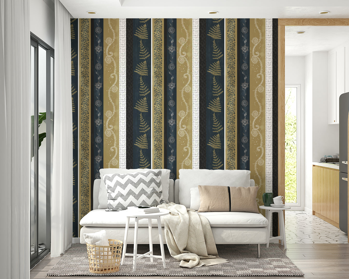 Wallpaper with various vertical stripes and different textures.

