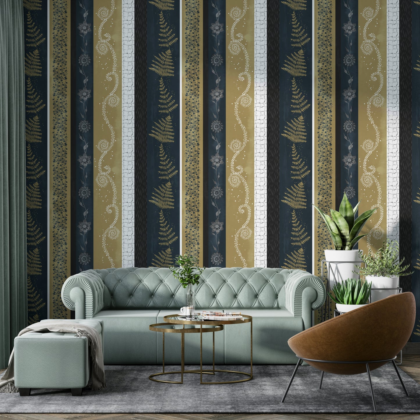 Abstract Nature Stripes wallpaper for a modern living room.

