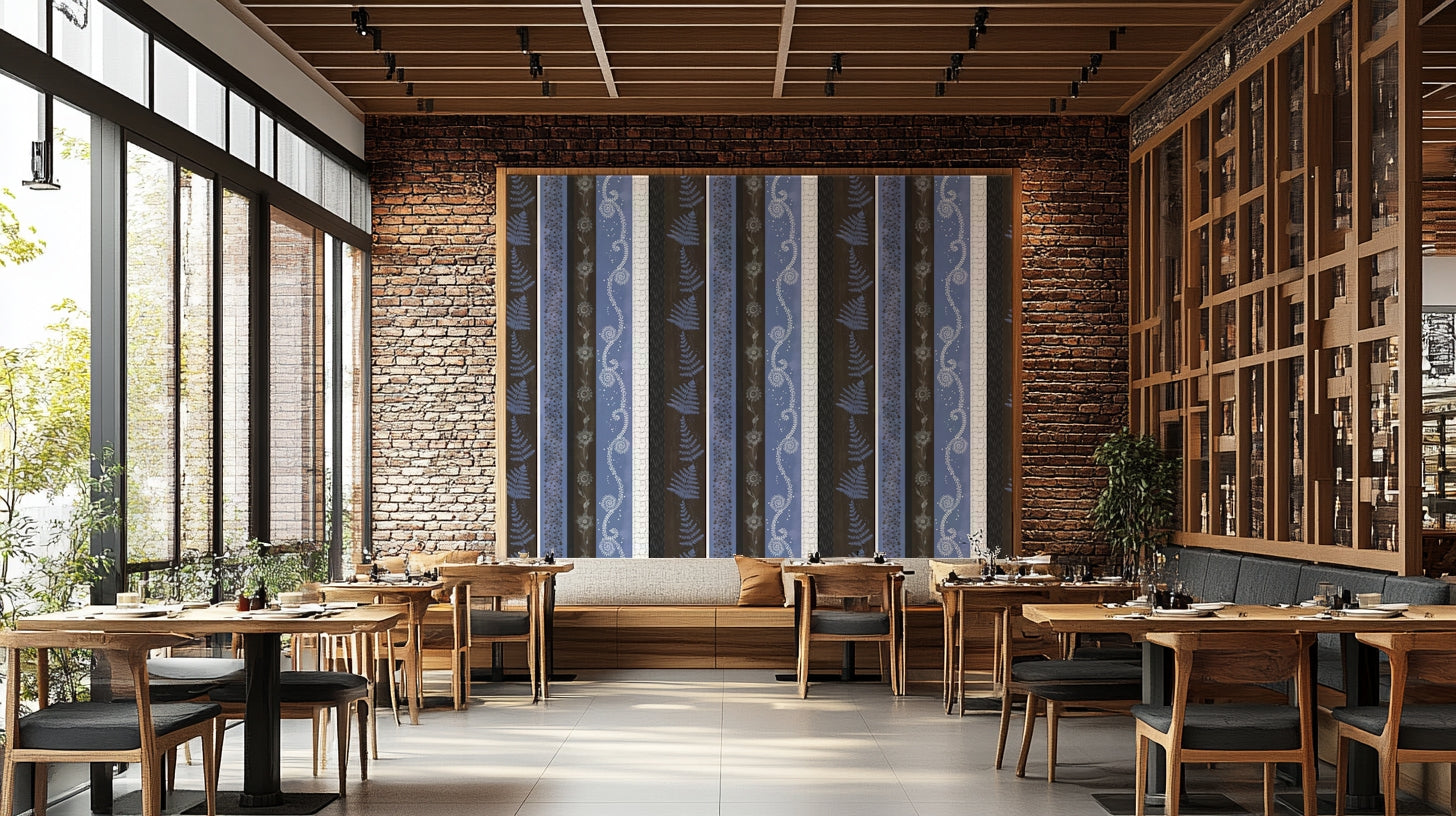 Pattern with scrolling white details and floral motifs.

