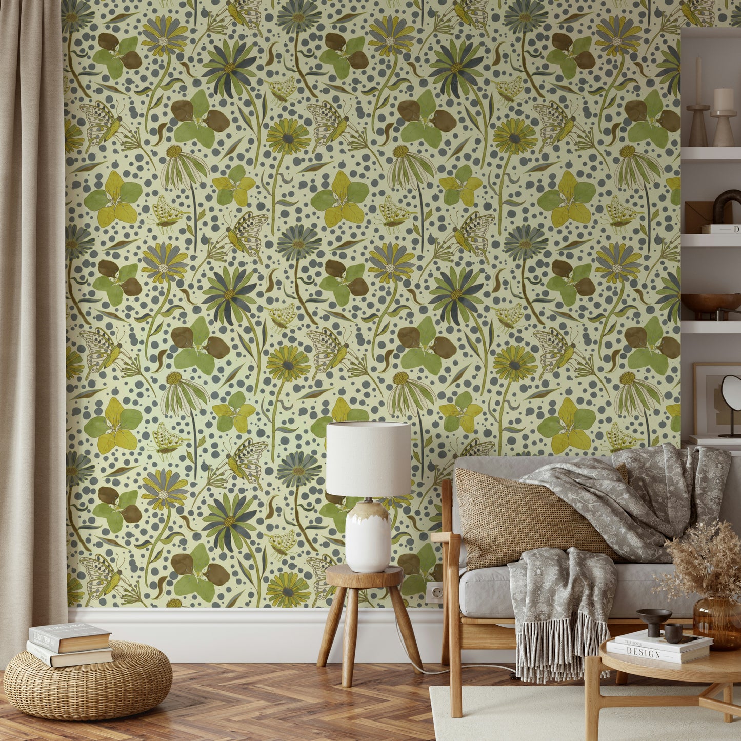 Wallpaper with a mix of light green, yellow, gray, and brown.


