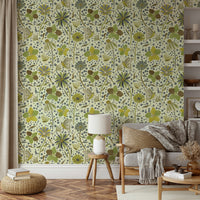 Wallpaper with a mix of light green, yellow, gray, and brown.


