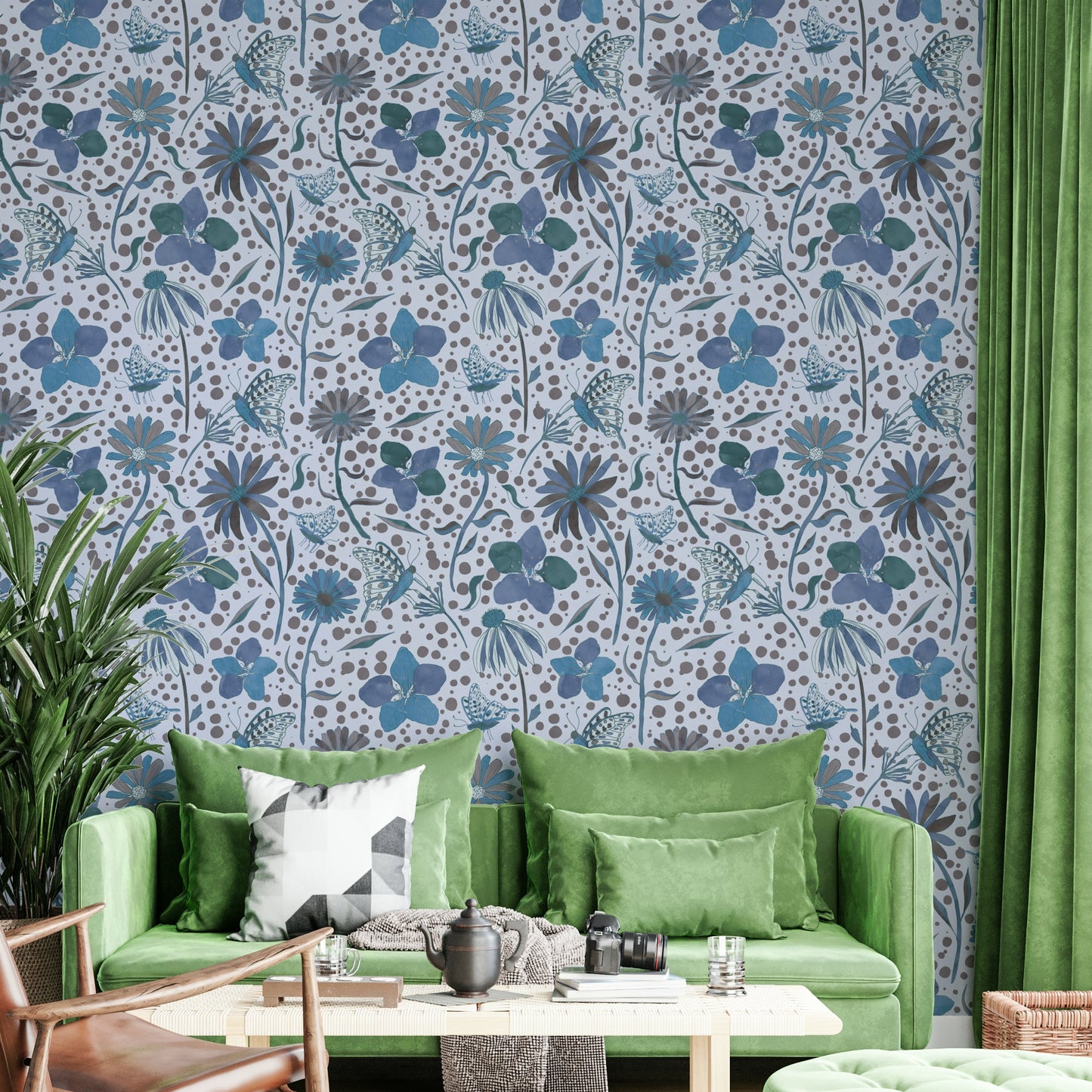 artistic floral and butterfly design with a blue background

