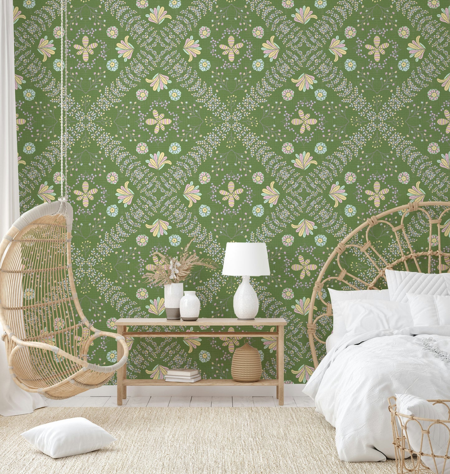 The wall mural is installed on a feature wall in a dining room.

