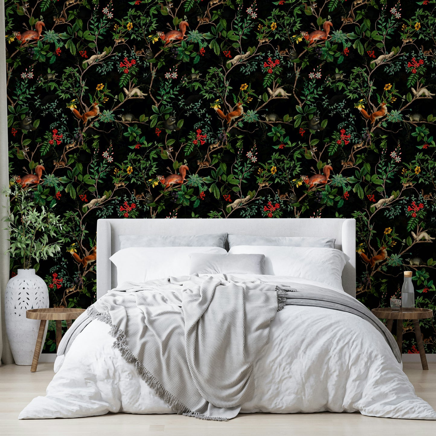 a painting of a forest at night

