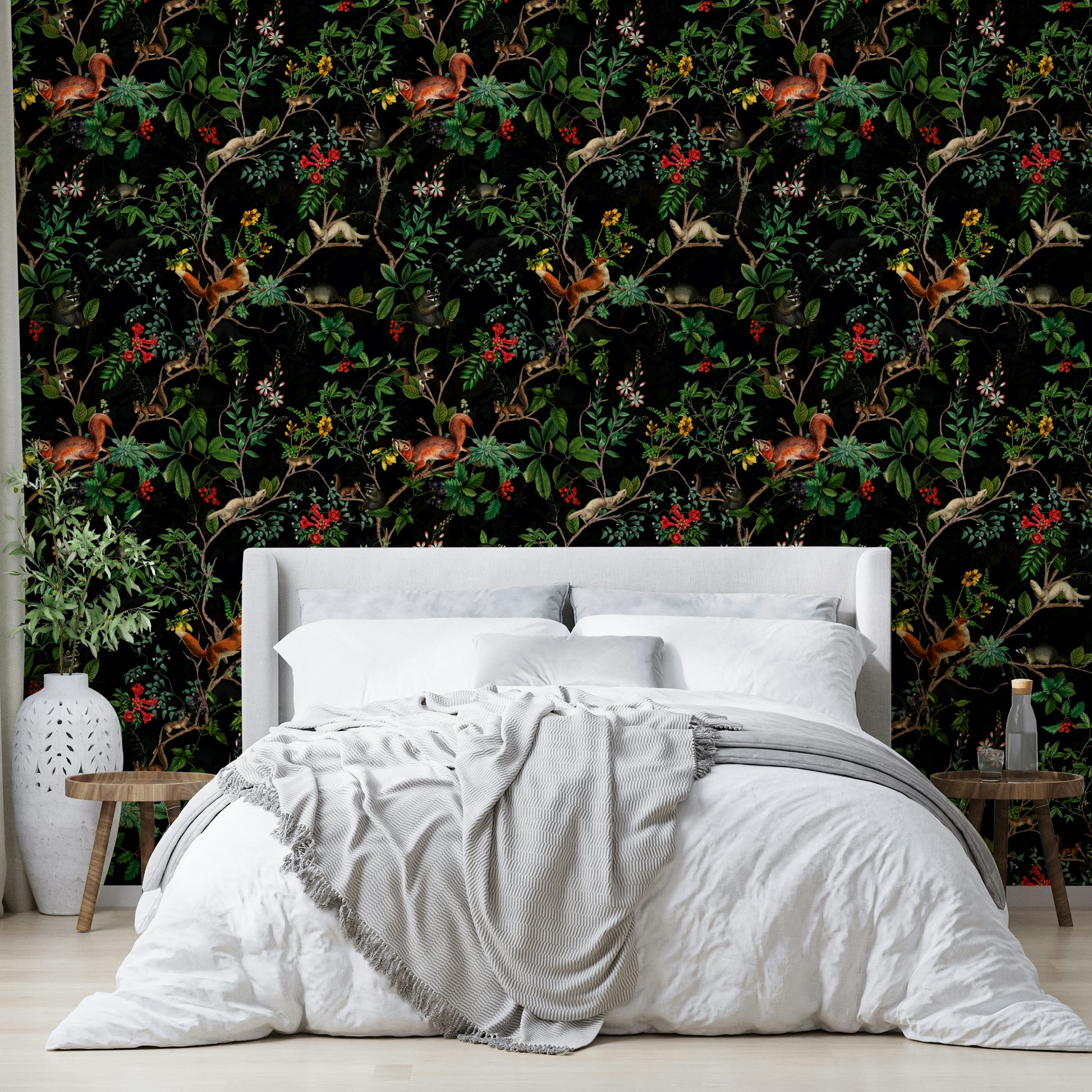 a painting of a forest at night

