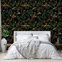 a painting of a forest at night

