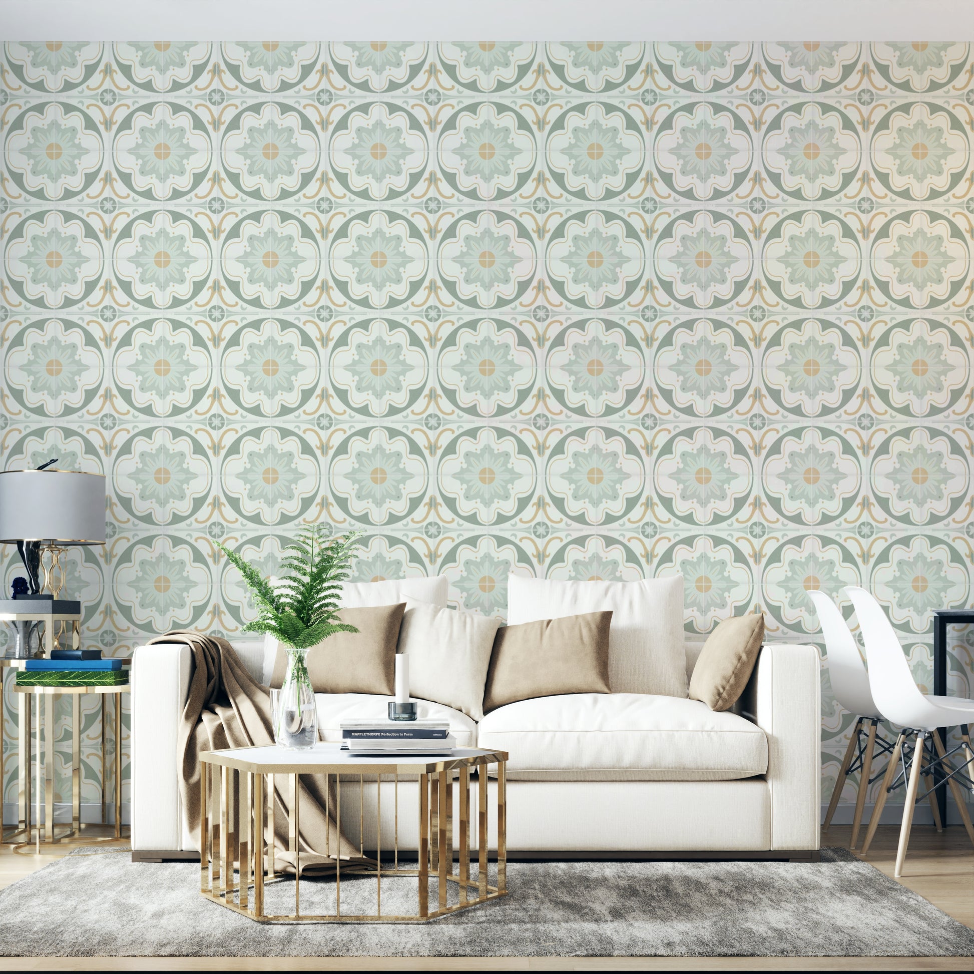 aged cement tile backsplashes sage wallpaper


