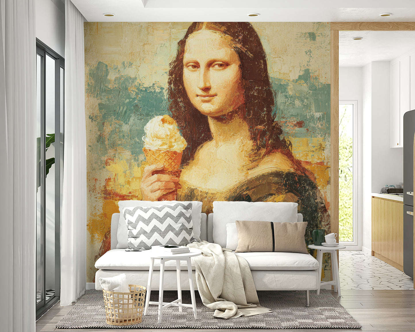 mona lisa enjoying an ice cream cone wall mural


