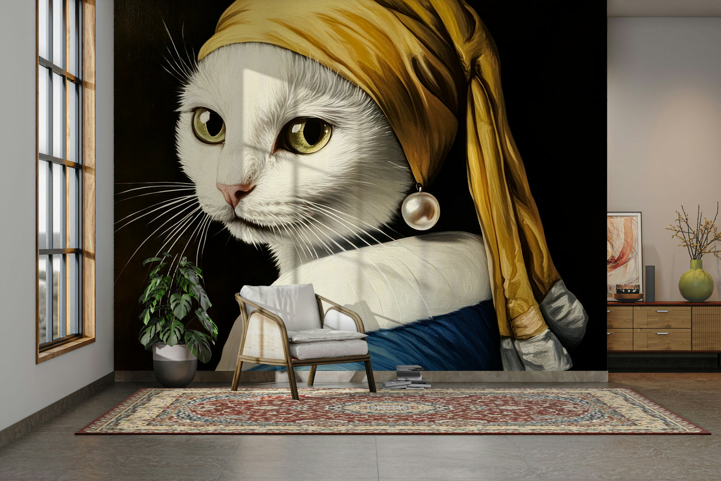 vermeer adaptation with a white cat

