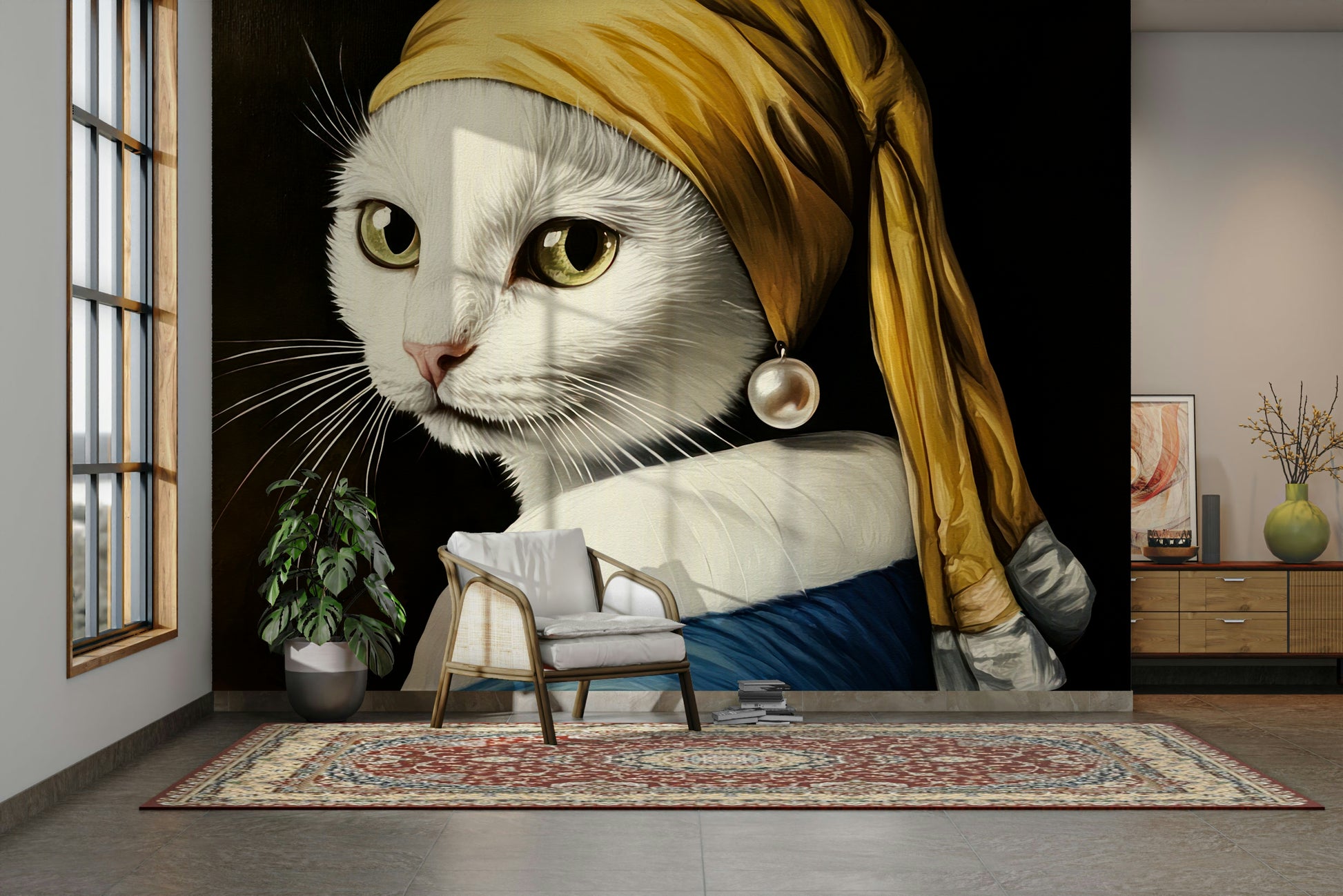 vermeer adaptation with a white cat

