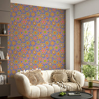 A full view of the groovy floral design on a large wall.

