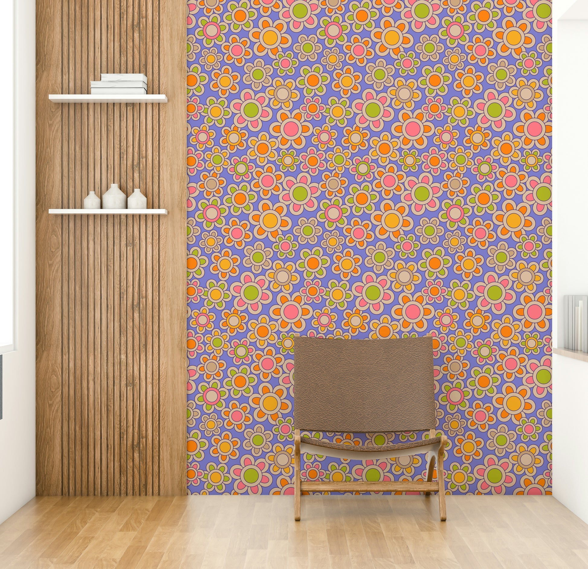The design has a retro, 1970s floral style.

