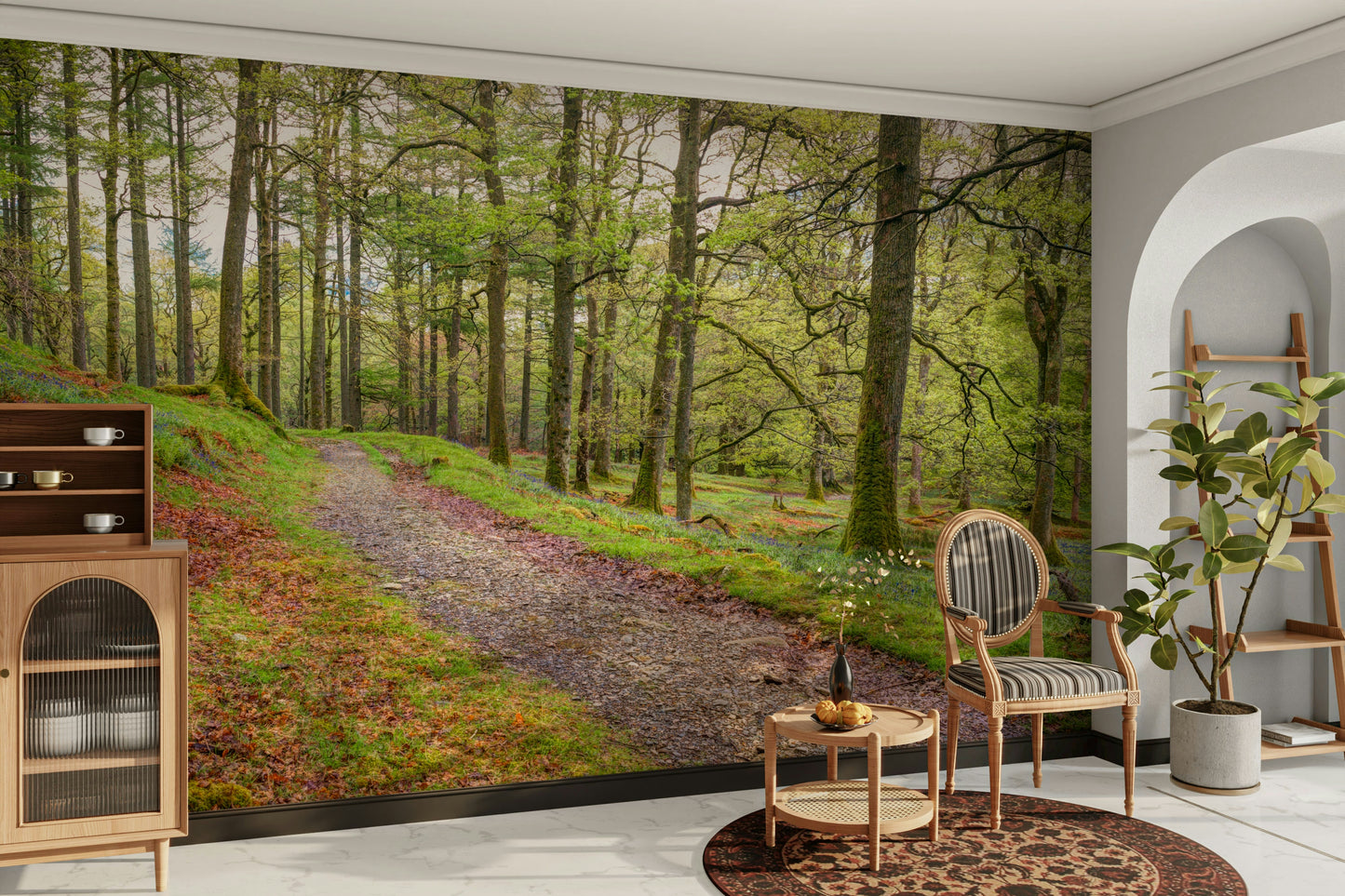 A wall mural featuring a path through a forest.

