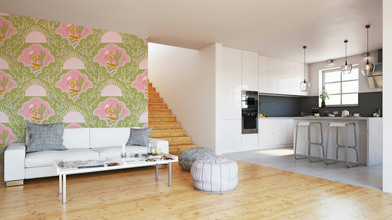 A wall mural featuring a desert landscape.

