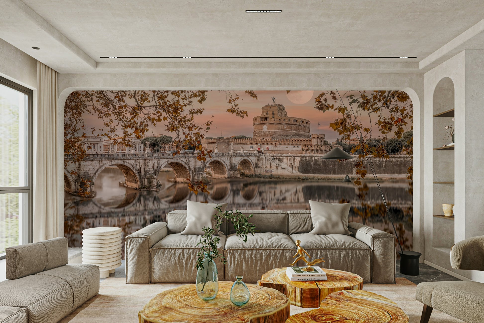 The photo is taken at dusk or night.

