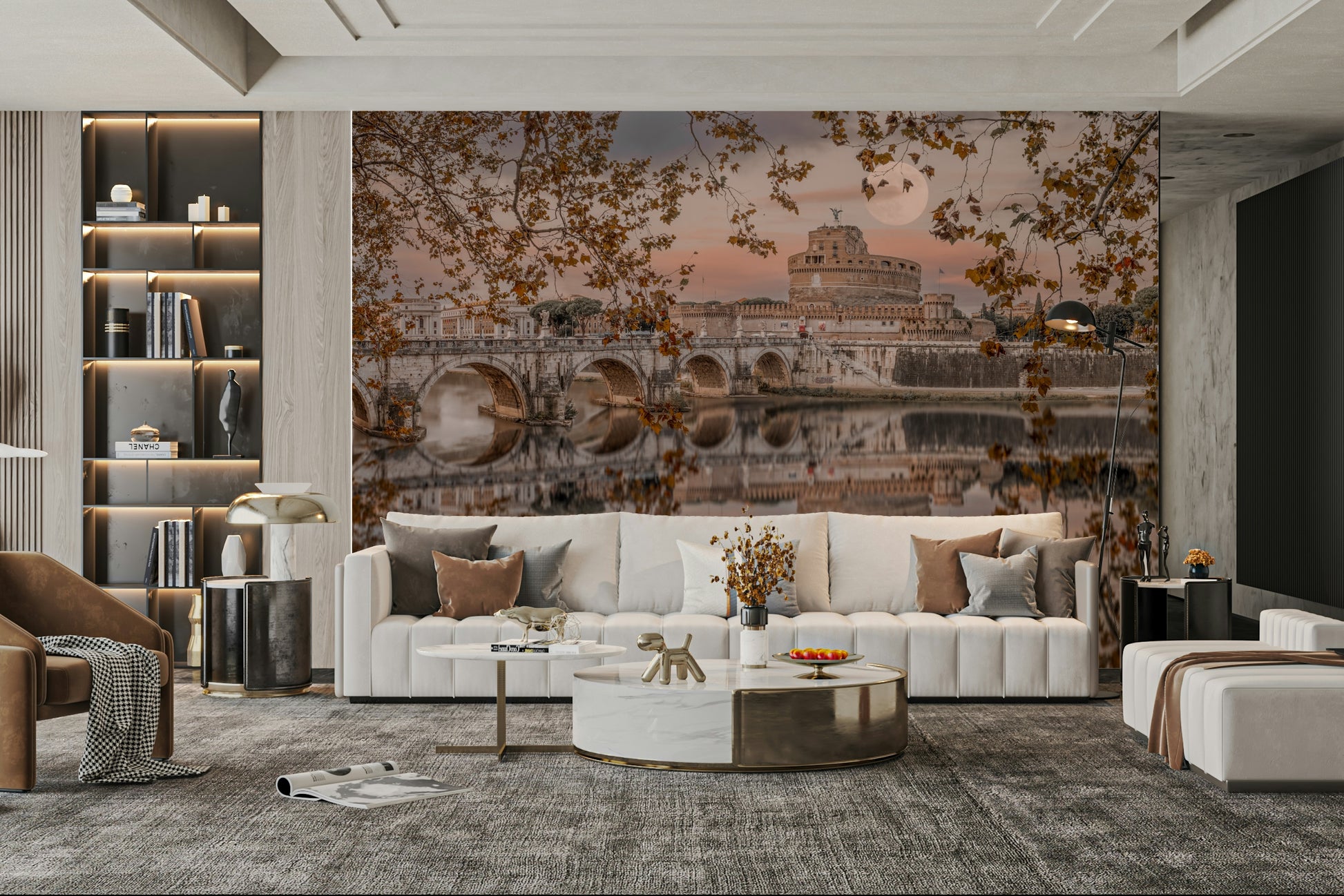 A large, bright full moon is in the sky.

