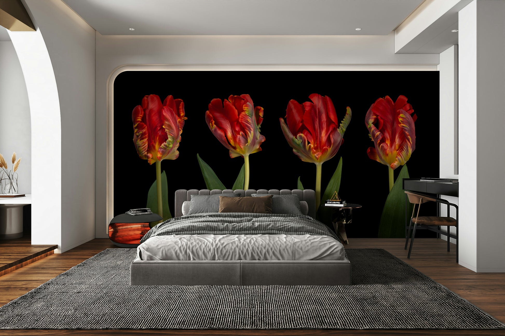 A wall mural featuring four unique tulip flowers.

