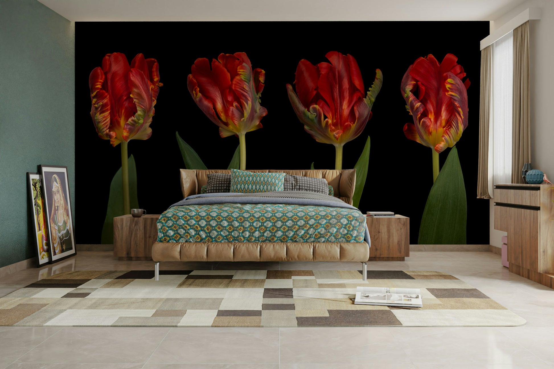 The colors are rich and vibrant against the dark background.

