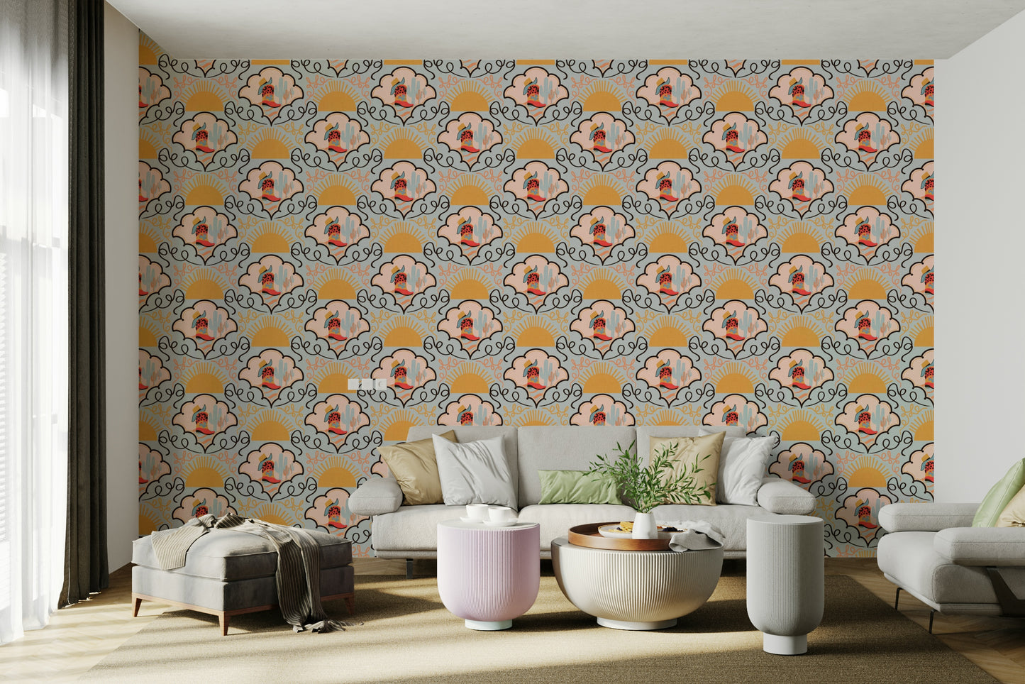 Cartoon-style cactus plants are part of the pattern.

