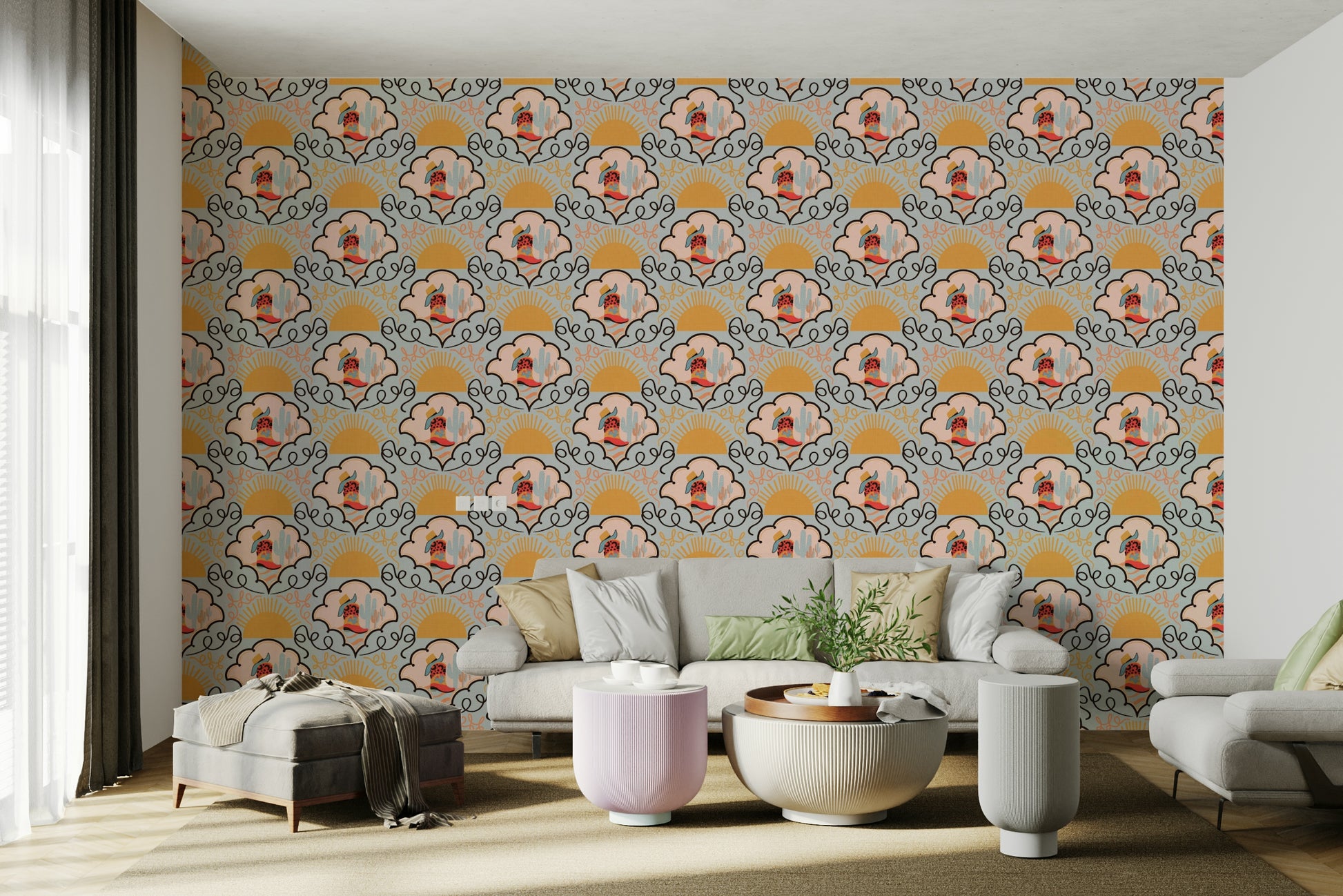 Cartoon-style cactus plants are part of the pattern.

