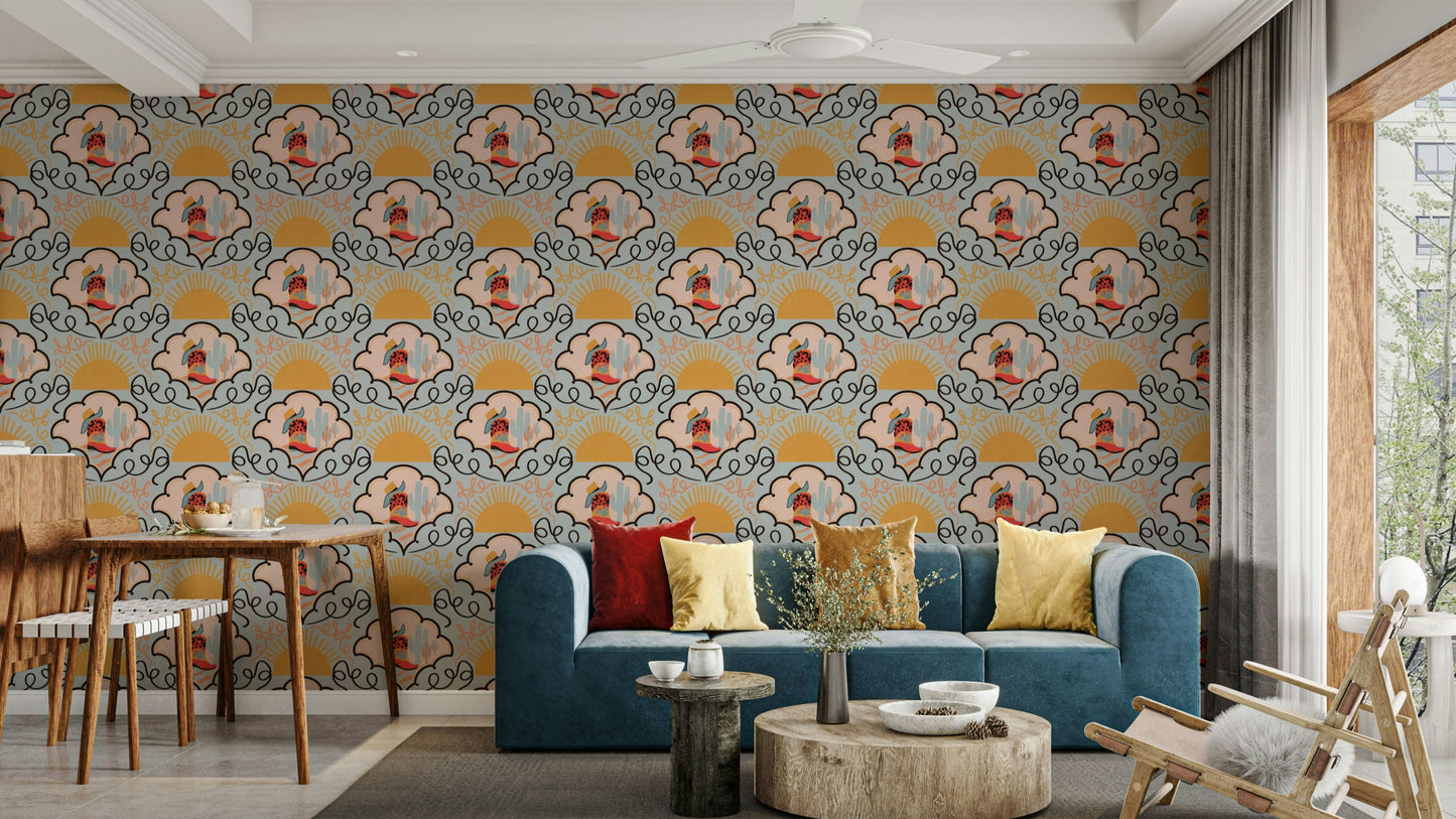 A wall mural with a Western theme.

