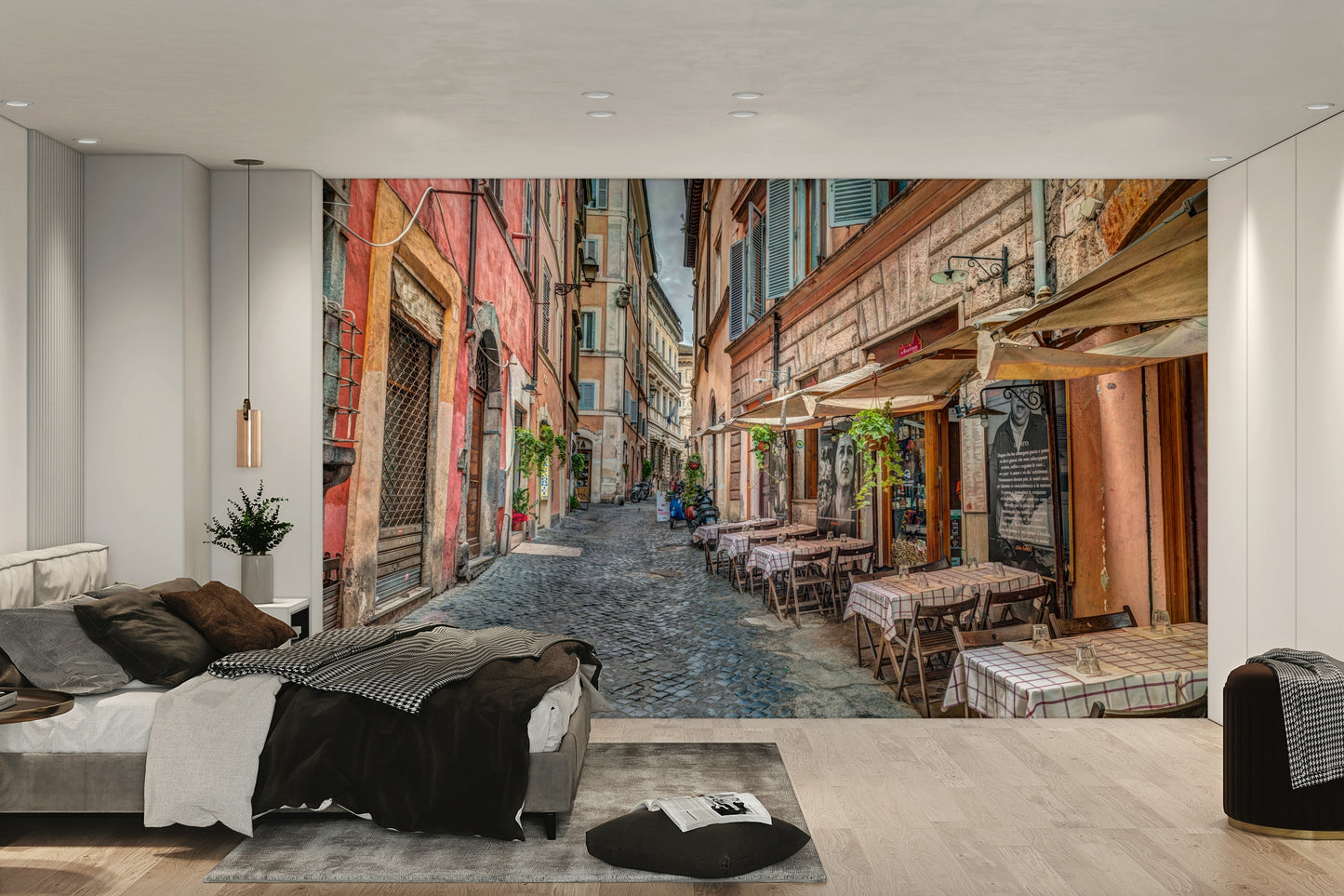 A wall mural featuring a cafe scene in Rome.

