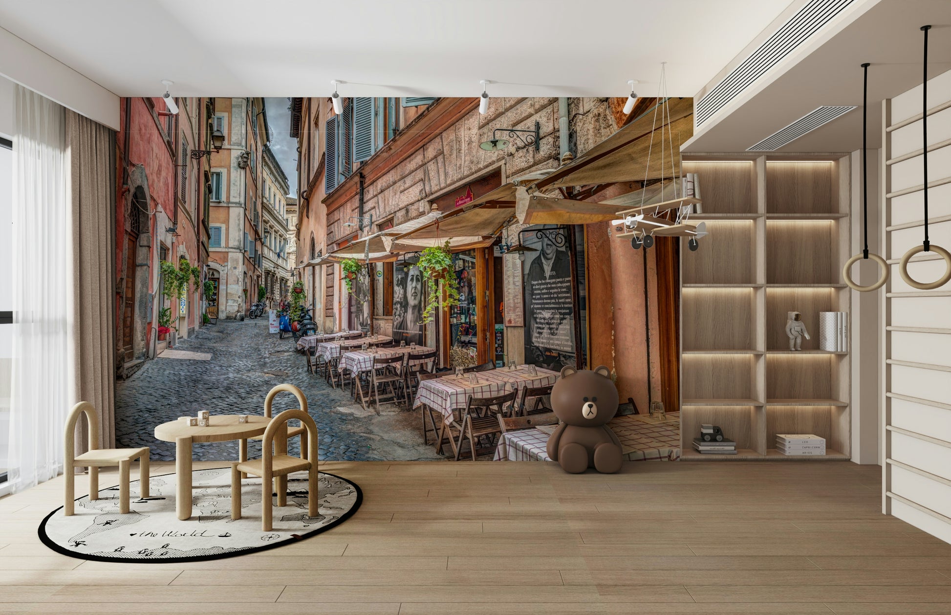 The mural gives a sense of being in Italy.

