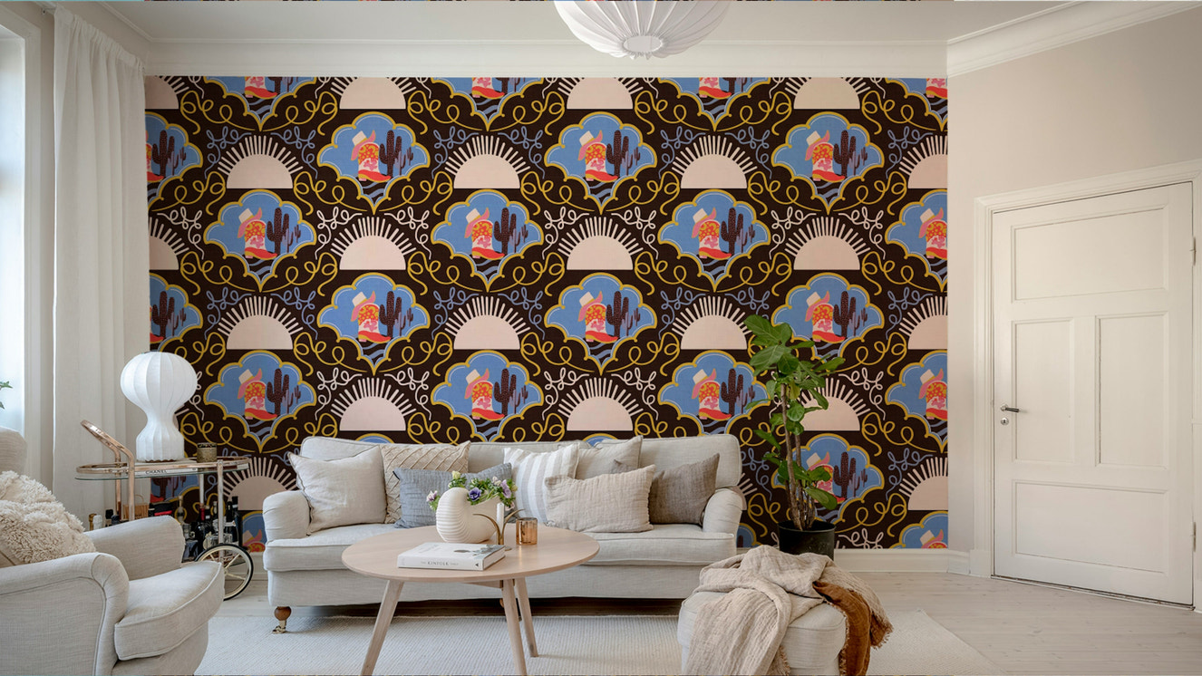 A wall mural with a Wild West theme.

