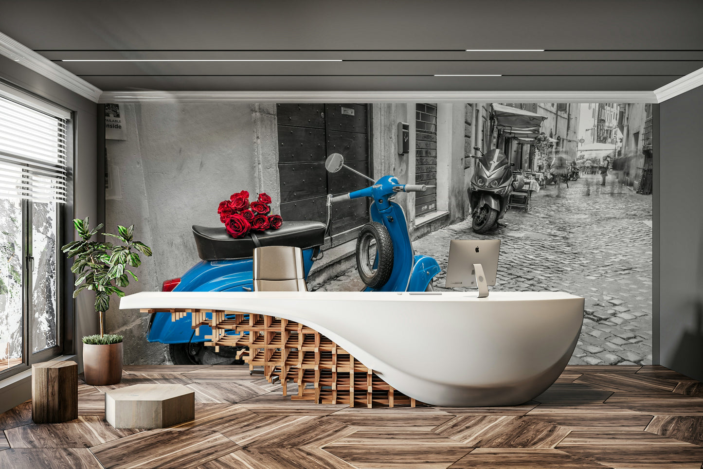 A bouquet of red roses is on the scooter's seat.

