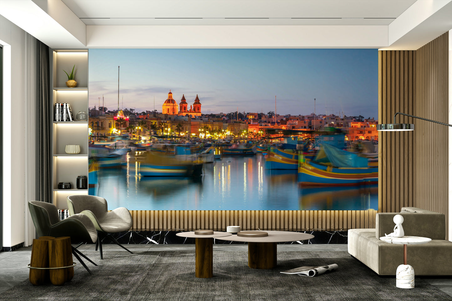 Buildings and cafes line the waterfront.

