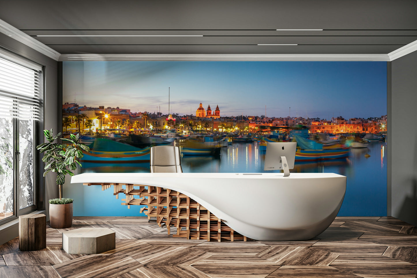 The harbor is full of traditional, colorful boats.

