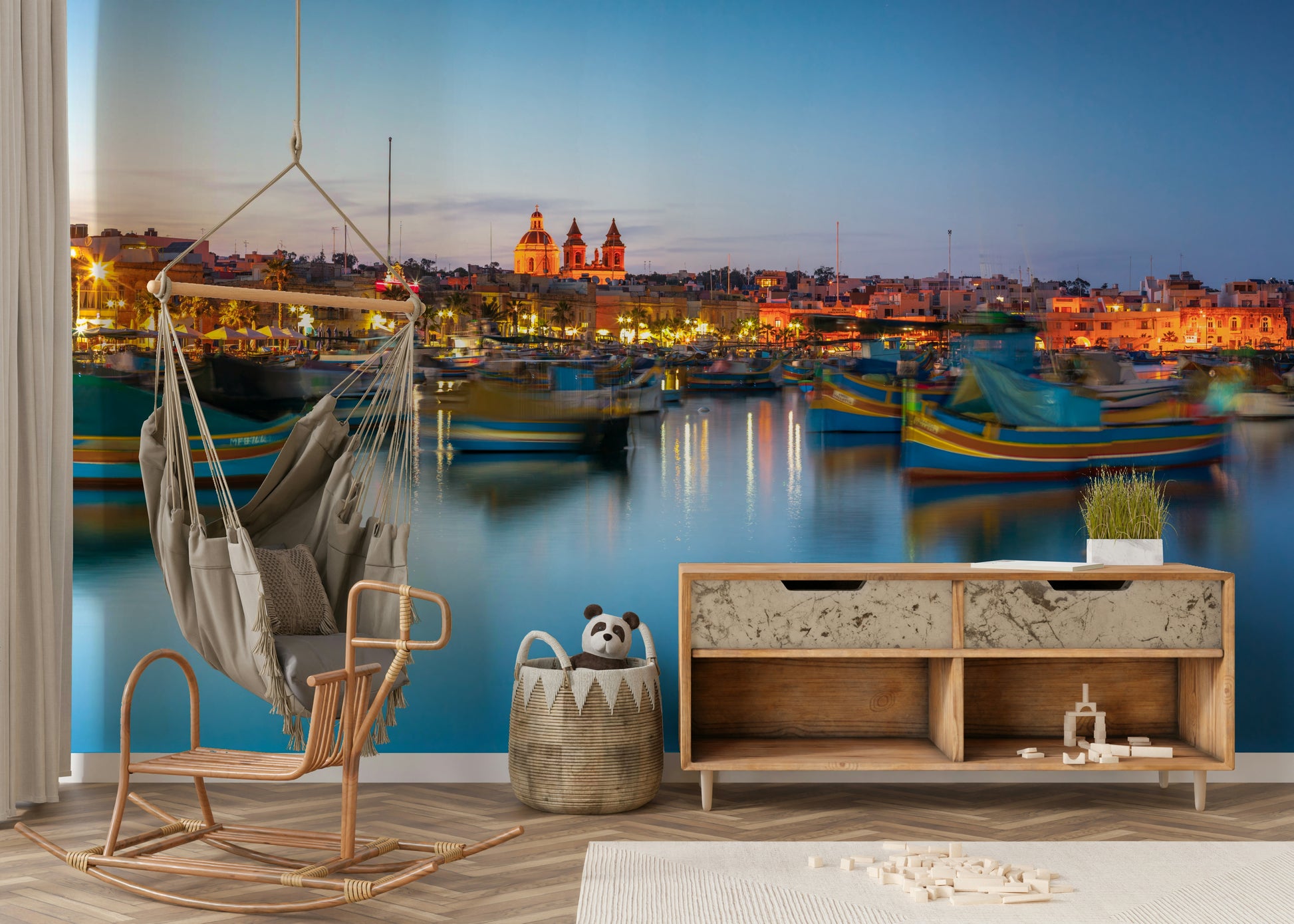 The water in the harbor is calm and clear.

