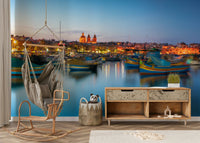 The water in the harbor is calm and clear.

