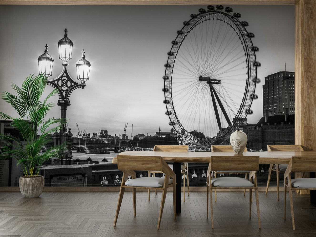 A wall mural of a giant Ferris wheel and a street lamp.

