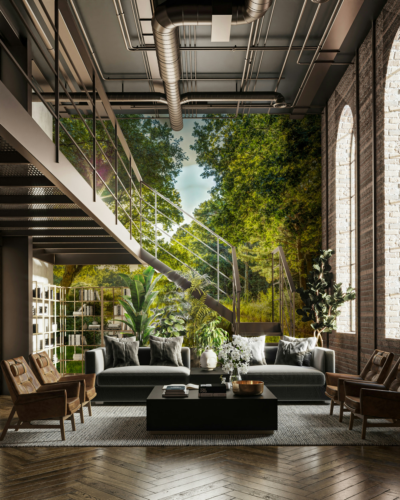 A wall mural featuring a close-up of green foliage.

