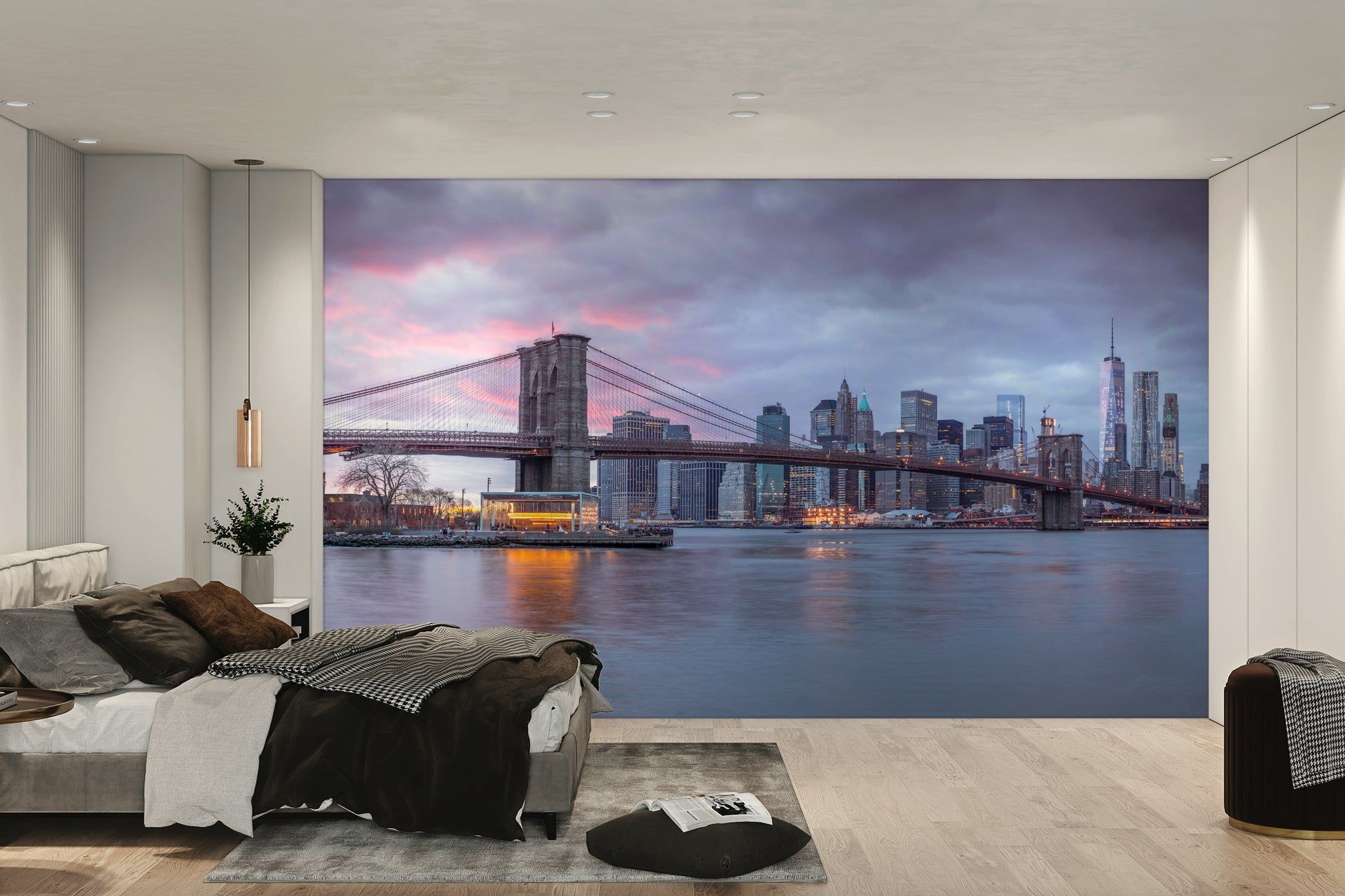 A wall mural featuring a city skyline at dusk.

