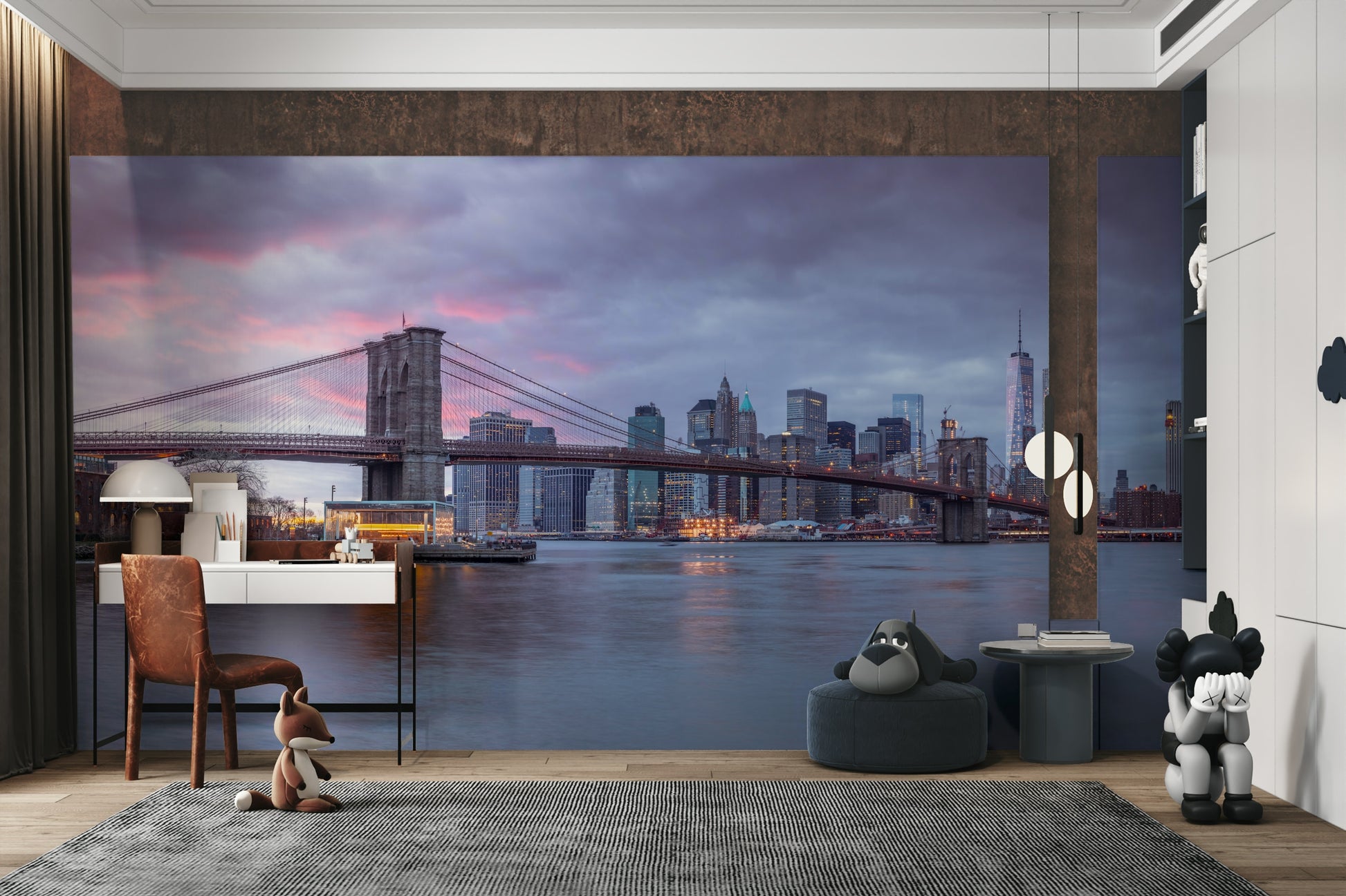 The sky is a gradient of deep blue to soft orange.

