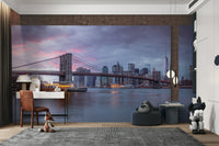 The sky is a gradient of deep blue to soft orange.

