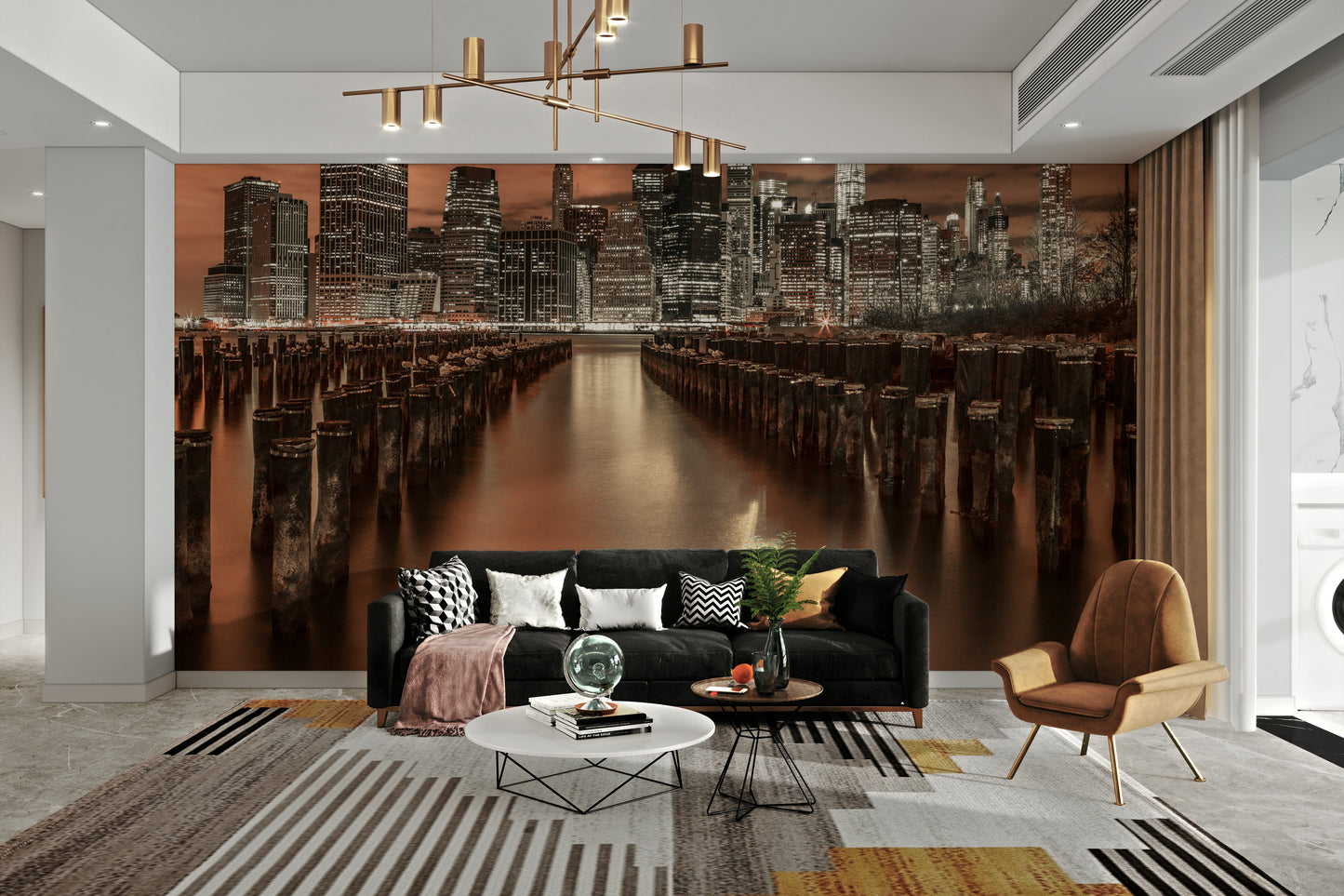 The sky is a dramatic mix of orange and purple.

