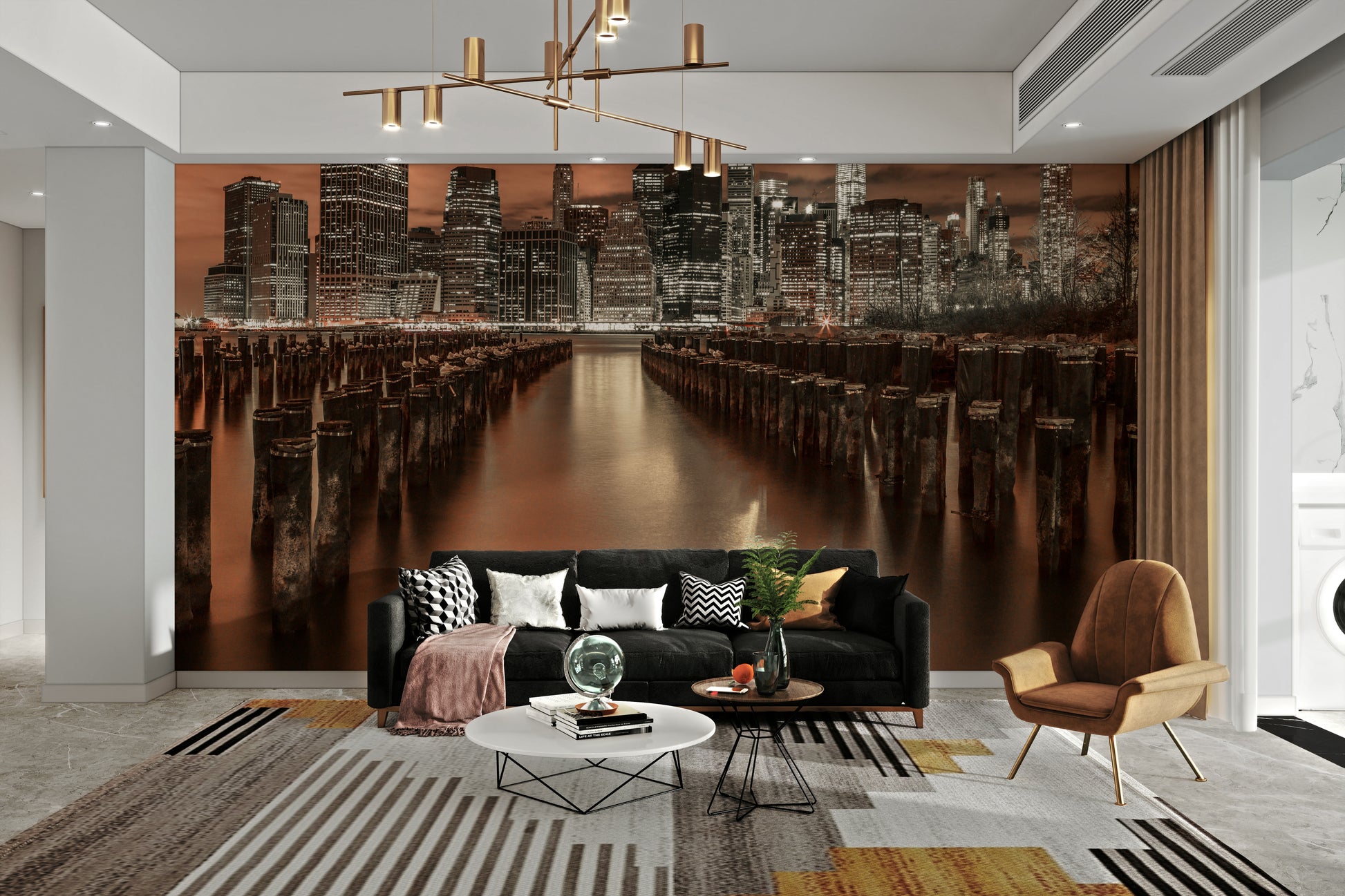 The sky is a dramatic mix of orange and purple.

