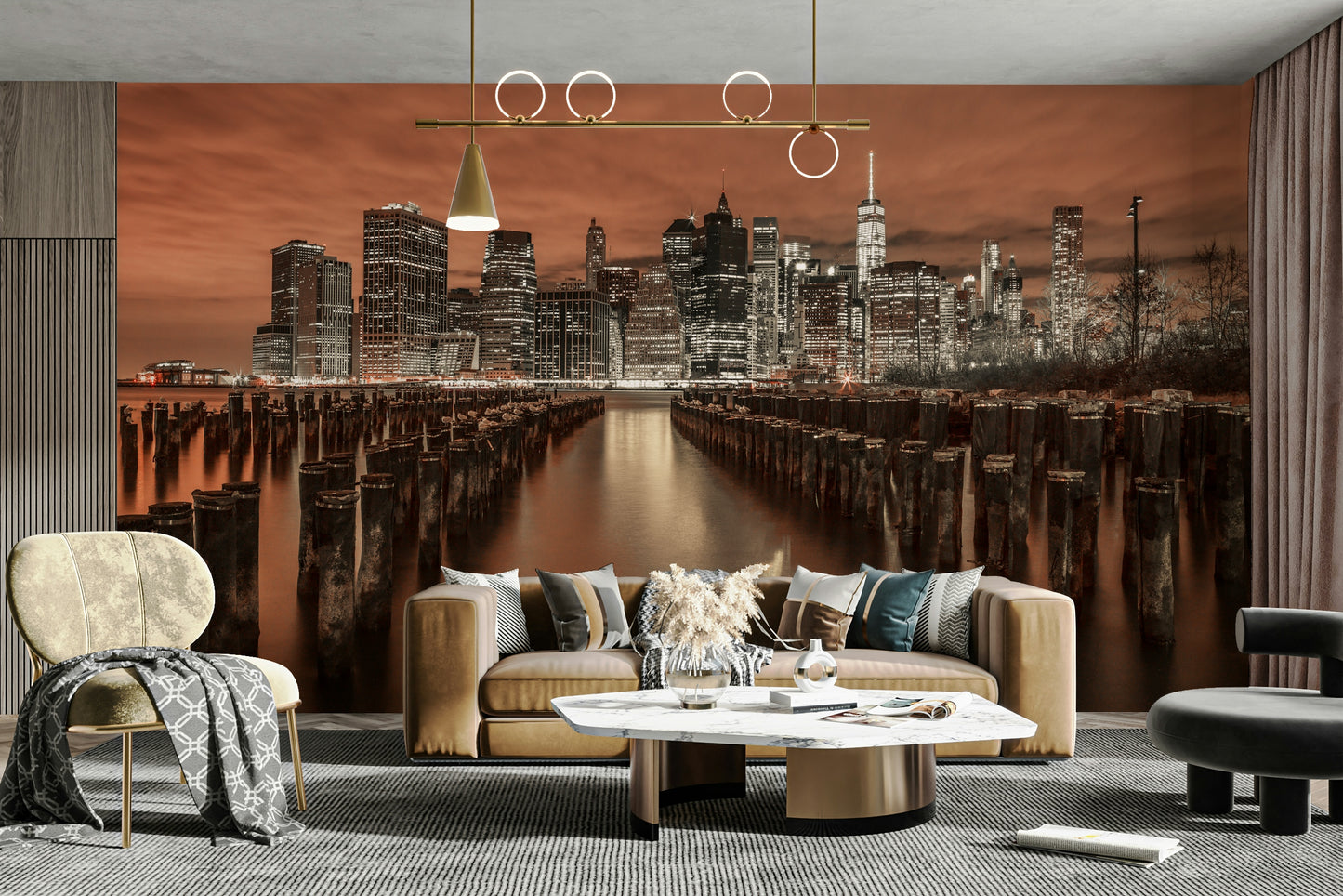 A wall mural featuring the Manhattan skyline.

