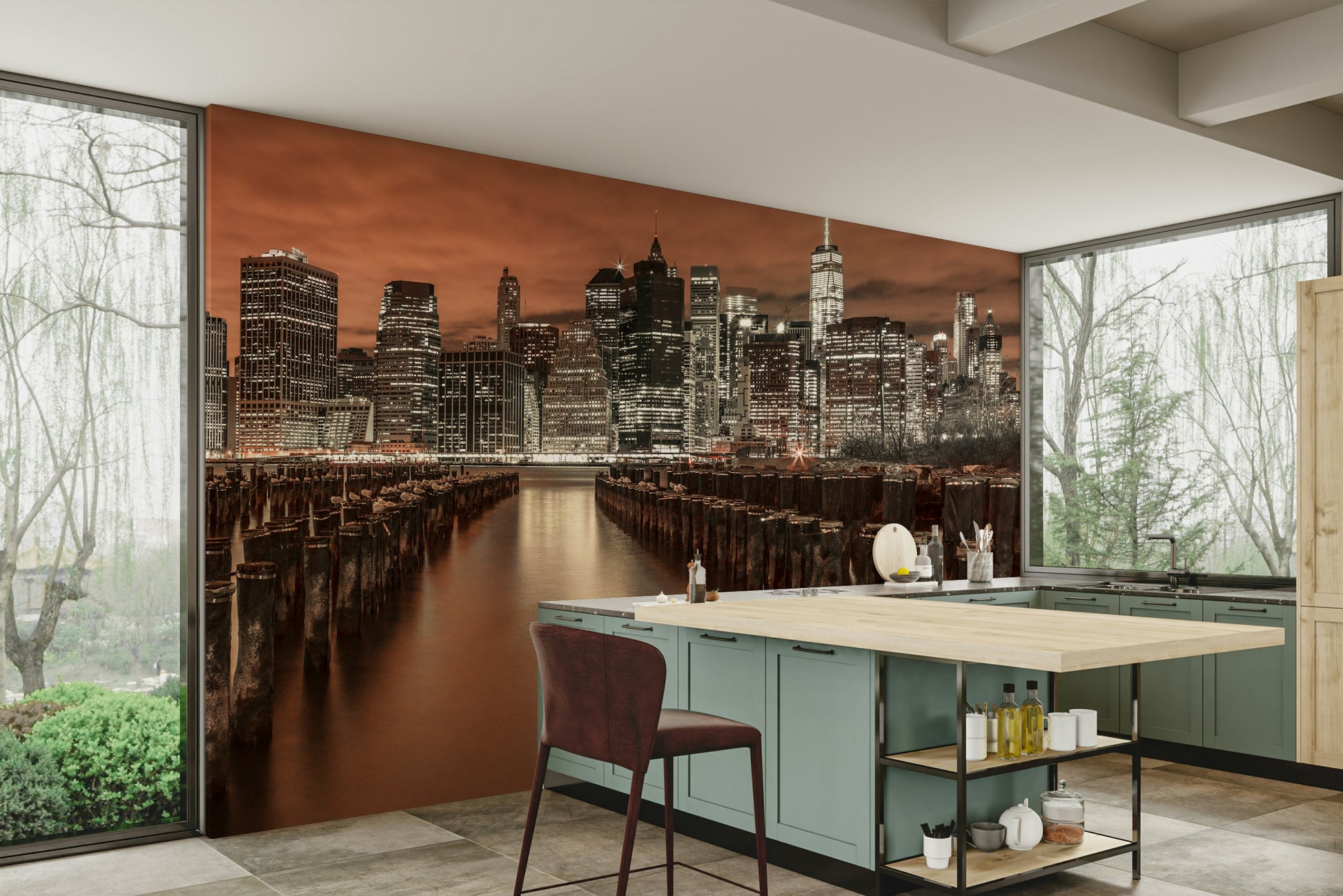 The water in the foreground reflects the city lights.

