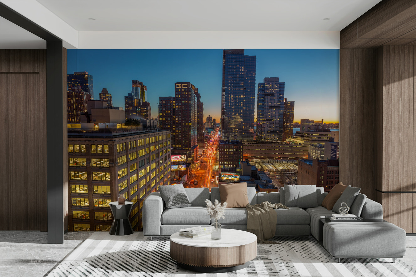 A wall mural featuring a city skyline.

