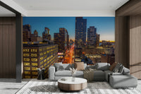 A wall mural featuring a city skyline.

