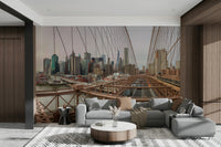 A wall mural featuring the New York City skyline.

