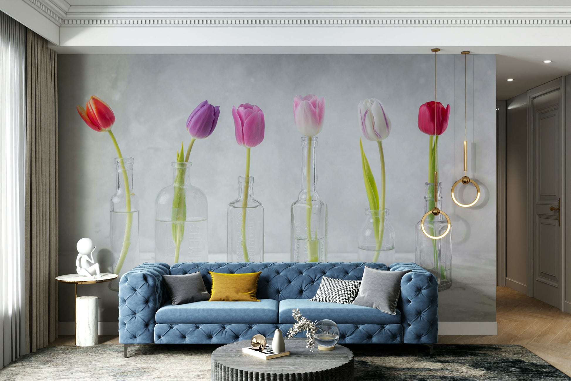 A wall mural featuring delicate flowers in glass vases.

